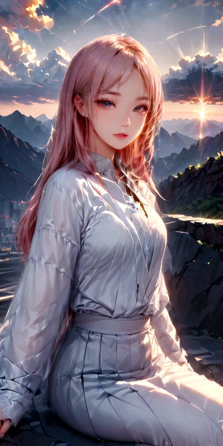 ((work of art, best qualityer, extremely detaild), volumetric lighting, ambient occlusion, colorfully, Ablaze),
1 girl, standing alone, Youngh, (pink hair), long hair, areola, Aura, sacred, GOD, cyber suit, (white outfit:1.3), ANDROID, robot, ángel wings,
plein-air, SUNSET, sky, clouds, space, (cyberpunk theme:1.2),