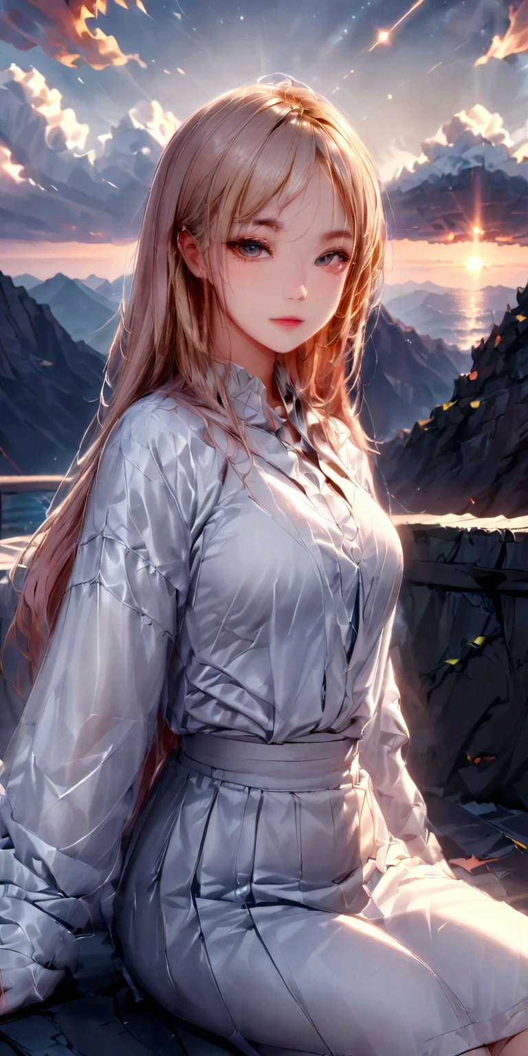 ((work of art, best qualityer, extremely detaild), volumetric lighting, ambient occlusion, colorfully, Ablaze), 
1 girl, standing alone, Youngh, (pink  hair), long hair, areola, Aura, sacred, GOD, cyber suit, (white outfit:1.3), ANDROID, robot, ángel wings,
plein-air, SUNSET, sky, clouds, space, (cyberpunk theme:1.2),