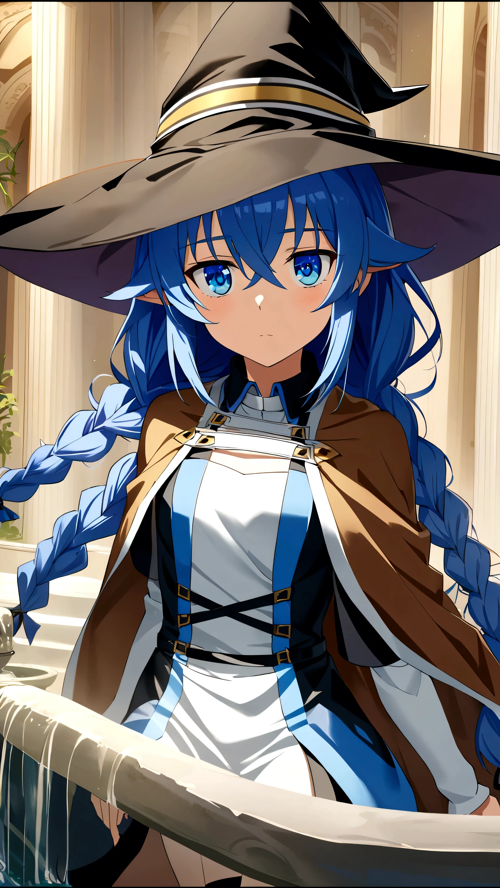 roxy migurdia, highest quallity, Amazing CG, ultra HD, Carefully crafted down to the last detail, A girl, bangss, black hat, witch's hat, blue colored eyes, hair blue, braid, Brown cover, floating hair, hair between the eyes, beautifully detailed eyes, yo'I'm in a hurry, looking for something, full - length portrait,medium chest, The background is a fountain with a fantastic atmosphere., moonligh, natta