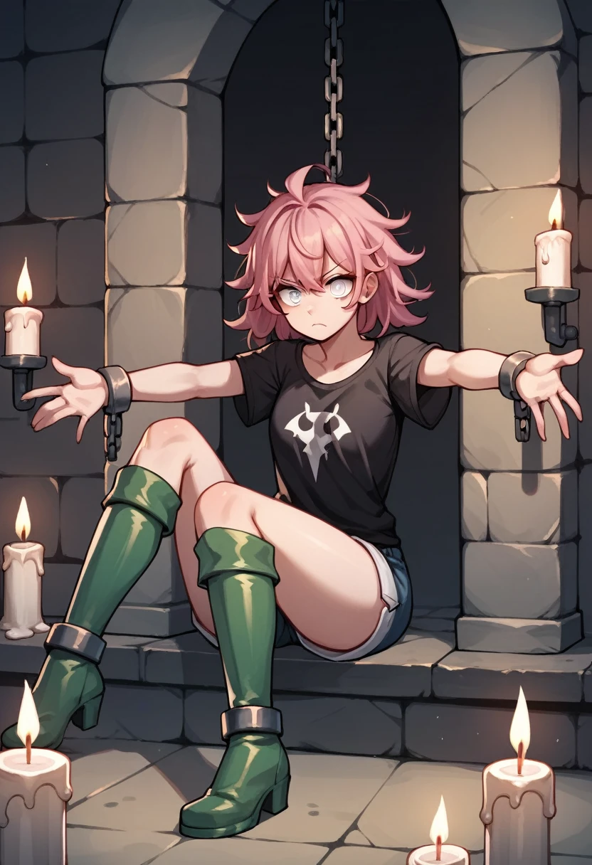 score_9, score_8_up, score_7_up, score_6_up, score_5_up, score_4_up, source_anime, 1girl,She's sitting, pink hair,loose hair, white eyes,a confused face, w-w-chain, spread arms,clean hair, black shirt,shorts,thigh boots, green boots,evening,candles,dungeon, best quality, best res, 4K UHD,