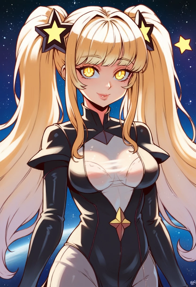 absurdres ,masterpiece, HQ, 4k, HDR, best quality, 1girl at center screen with beautifulface, white_hair. (black costume:1.2),deep dark, bangs, breasts, eyebrows_visible_through_hair, hair_ornament, light_particles, long_hair, looking_at_viewer, medium_breasts, dune surface, solo, space, star_(sky), starry_sky, twintails, very_long_hair, yellow_eyes, transparent, see-through,(Background_Giedi_Prime_Dune:1.0), (innocent face:1.1), beautiful eyes, volumetric lighting, real shadows.