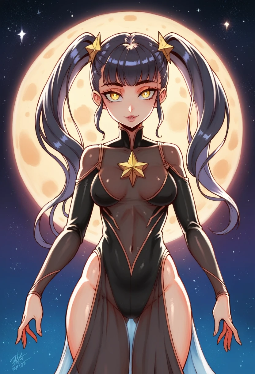 absurdres ,masterpiece, HQ, 4k, HDR, best quality, 1girl at center screen with beautifulface, white_hair. (black costume:1.2),deep dark, bangs, breasts, eyebrows_visible_through_hair, hair_ornament, light_particles, long_hair, looking_at_viewer, medium_breasts, dune surface, solo, space, star_(sky), starry_sky, twintails, very_long_hair, yellow_eyes,  transparent, see-through,(Background_Giedi_Prime_Dune:1.0), (innocent face:1.1),  beautiful eyes, volumetric lighting, real shadows.
