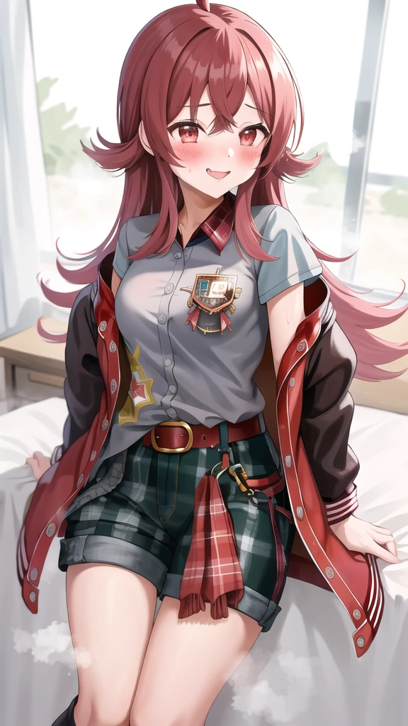 masterpiece, best quality, highres, akaho, long hair, ahoge, hair ribbon, red ribbon, letterman jacket, long sleeves, 手链, open jacket, collared shirt, grey shirt, Red belt, green shorts, plaid, black thighhighs, street, cowboy shot. :p、loafers、Long legs、Long legs、Absolute area、Micro Shorts、（Black knee socks:1.4) Grinning、Smile、is standing、Sweating:1.5), (steam:1.3), ((((blush))))),Absolute area、（black leather thigh boots）、a room、Hi-Res, 1girl in, ,},{{独奏,Boyish 1 Girl}} （High heels:1.4)