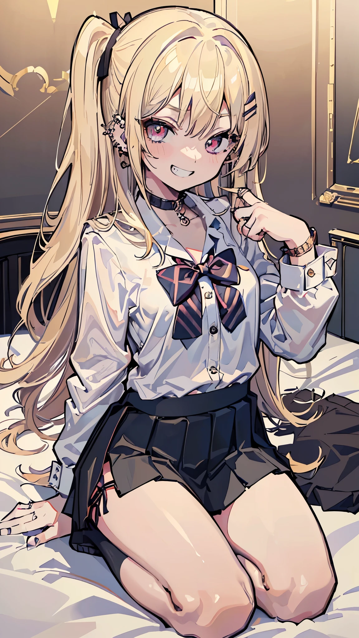 masterpiece:1.5, high quality, anzu futaba, , 1girl, black school uniform, black blazer, black mini skirt, brown cardigan, {{tareme:1.4}}, blush, missionary, (((lying, on back))), on bed, ((spread legs)), (from below), upper body, white lace panties, (pussy juice), sweat, flat chest, slim, small hip, (((slim legs))), skinny, slender, camel toe, looking at viewer, panty focus