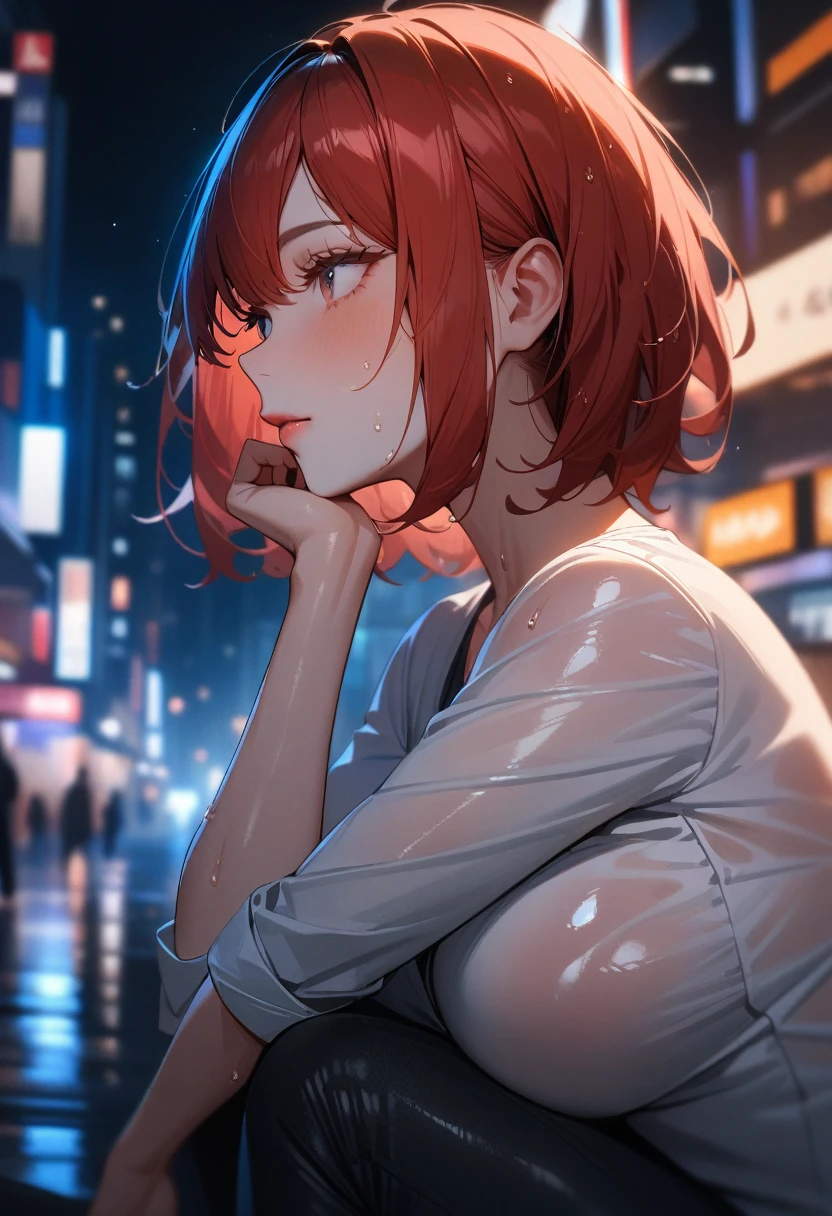 1girl,solo,super detailed skin,shiny skin,wet skin,expressionless ,eyelashes,lips gloss,red hair,bob hair,short hair ,large breasts ,casual shirt and pant,shoes  ,head rest,nigh city ,from side,masterpiece,best quality,ultra detailed,high resolution,sharp focus,depth of field