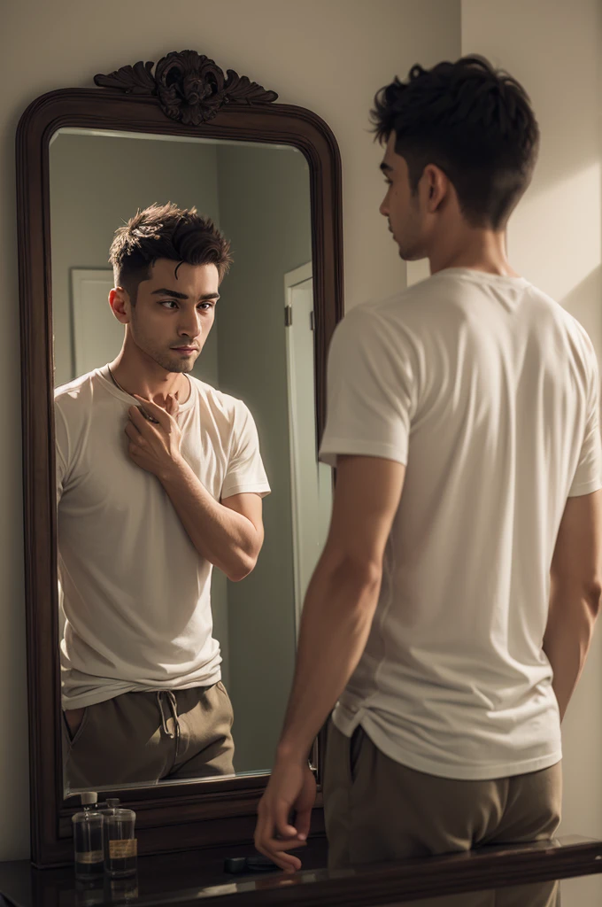 Man seeing his older reflection through the mirror
