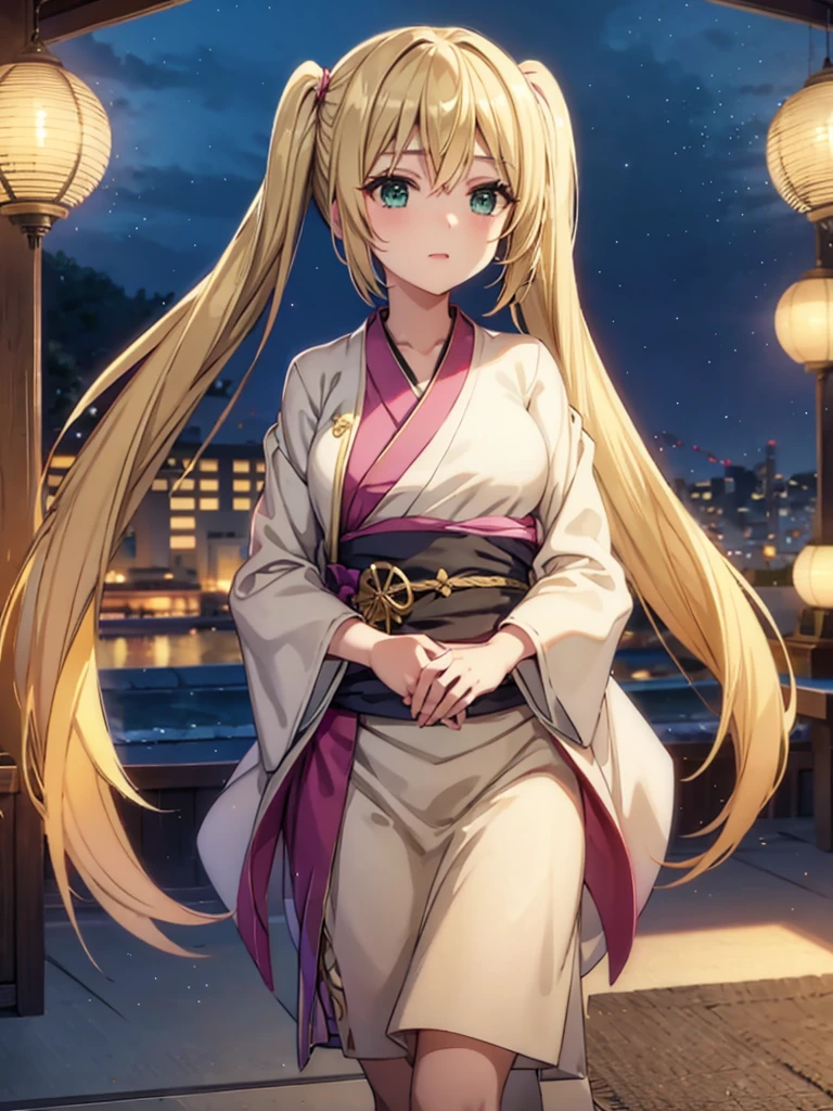 Layla , kimono night in firework , blonde hair, pigtailed haired, long hair , green eyes