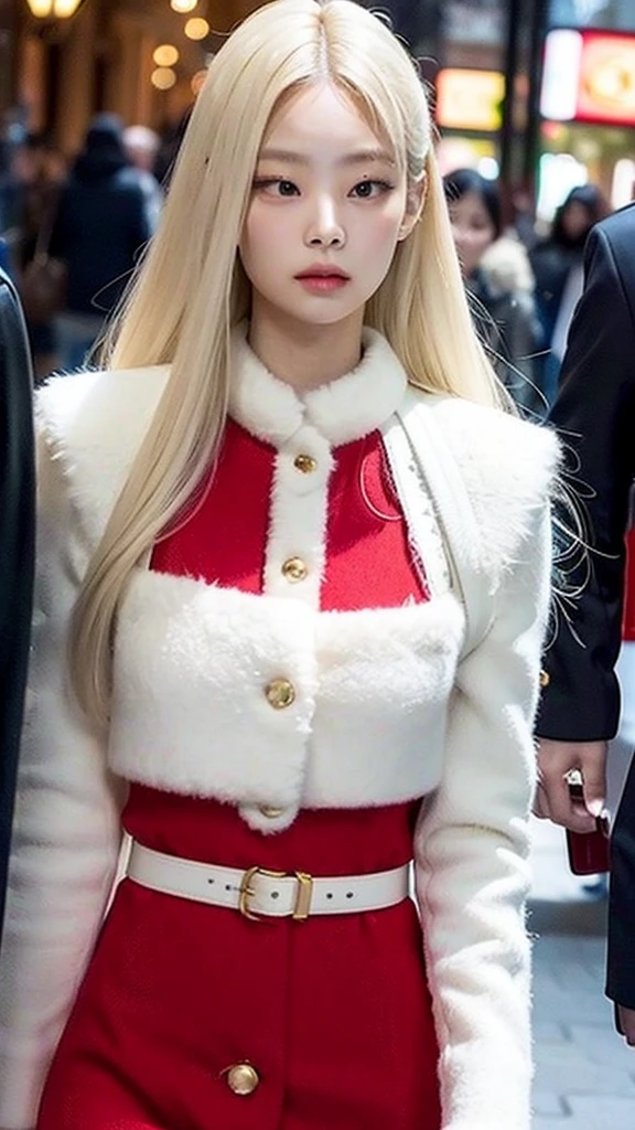 Jenny kim blonde girl, jennie loira, jenny kim, jennie kim do black pink, white hair, long and blonde hair, pele white, white, big and fluffy lips, traditional korean idol makeup, girl with perfect skin, Korean woman in the mall with a tight red dress White hair leaving a Gucci store with Gucci bags in hand and loose hair in a close-up with a red dress with a high collar and cold sleeves