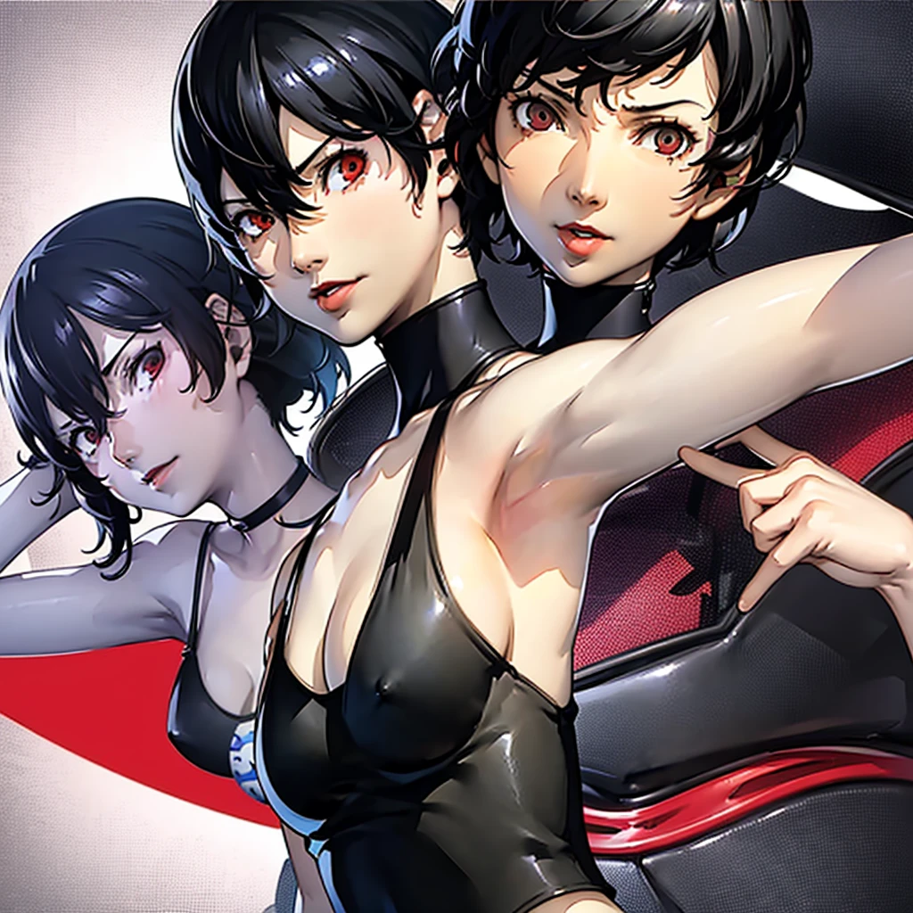 1 girl, very Short hair, tomboy Pixie haircut, black hair, red eyes, lipstick, black choker, face portrait, tank top, shigenori soejima style, perfect art