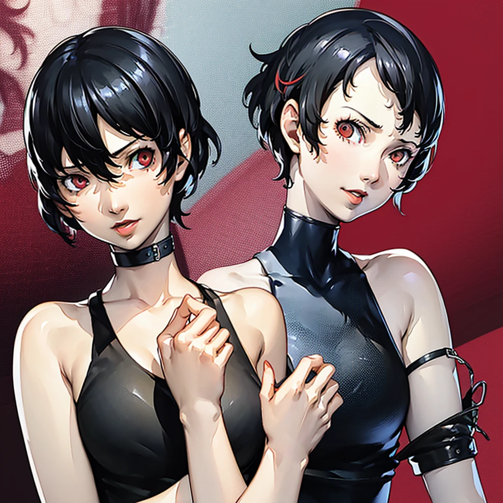 1 girl, very Short hair, tomboy Pixie haircut, black hair, red eyes, lipstick, black choker, face portrait, tank top, shigenori soejima style, perfect art