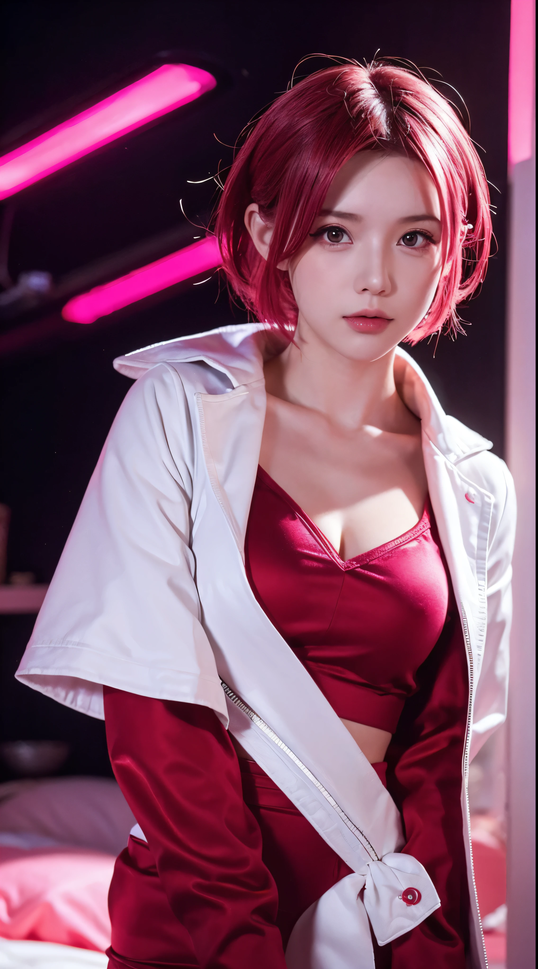 Sakura haruno, seductive, ((forehead to show)), attractive, sexy eyes, red coat, pink hair, delicate, young, short hair, detailed face, high definition, full body, from League of Legends, trend in artstation, by rhads, andreas rocha, rossdraws, makoto shinkai, laurie greasley, lois van baarle, ilya kuvshinov and greg rutkowski
