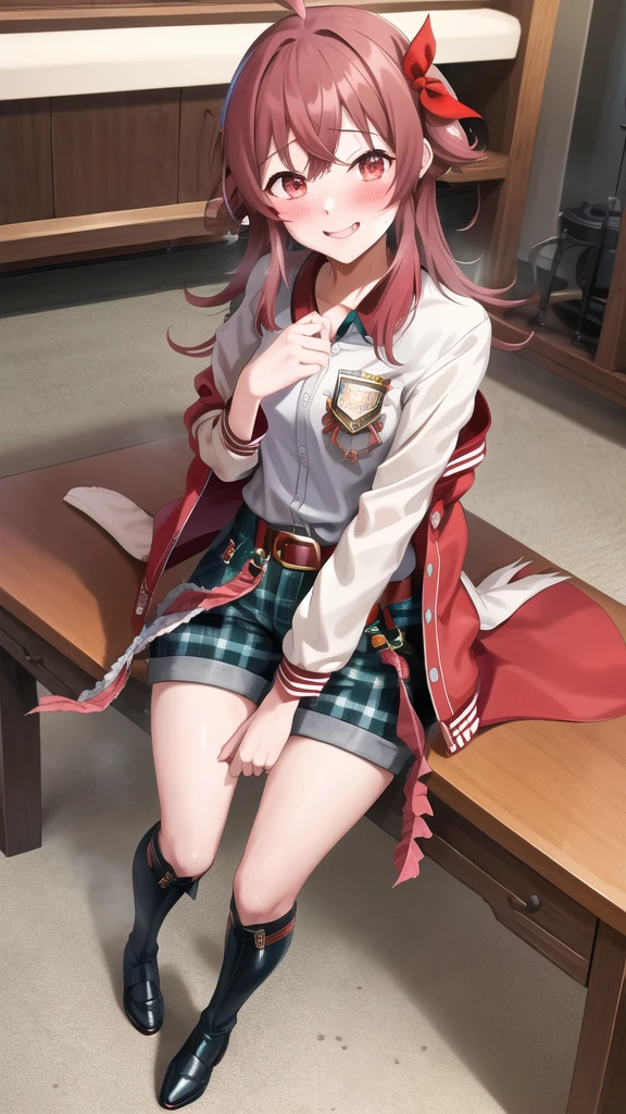 masterpiece, best quality, highres, akaho, long hair, ahoge, hair ribbon, red ribbon, letterman jacket, long sleeves, 手链, open jacket, collared shirt, grey shirt, Red belt, green shorts, plaid, black thighhighs, street, cowboy shot. :p、loafers、Long legs、Long legs、Absolute area、Micro Shorts、（Black knee socks:1.4) Grinning、Smile、is standing、Sweating:1.5), (steam:1.3), ((((blush))))),Absolute area、（black leather thigh boots）、a room、Hi-Res, 1girl in, ,},{{独奏,Boyish 1 Girl}} （High heels:1.4)