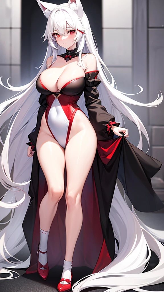 An adult woman half fox and wolf, wide breasts, red eyes, white hair, white fox ears backwards, very shy, and wears a black dress, red socks, and standing, and very sexy