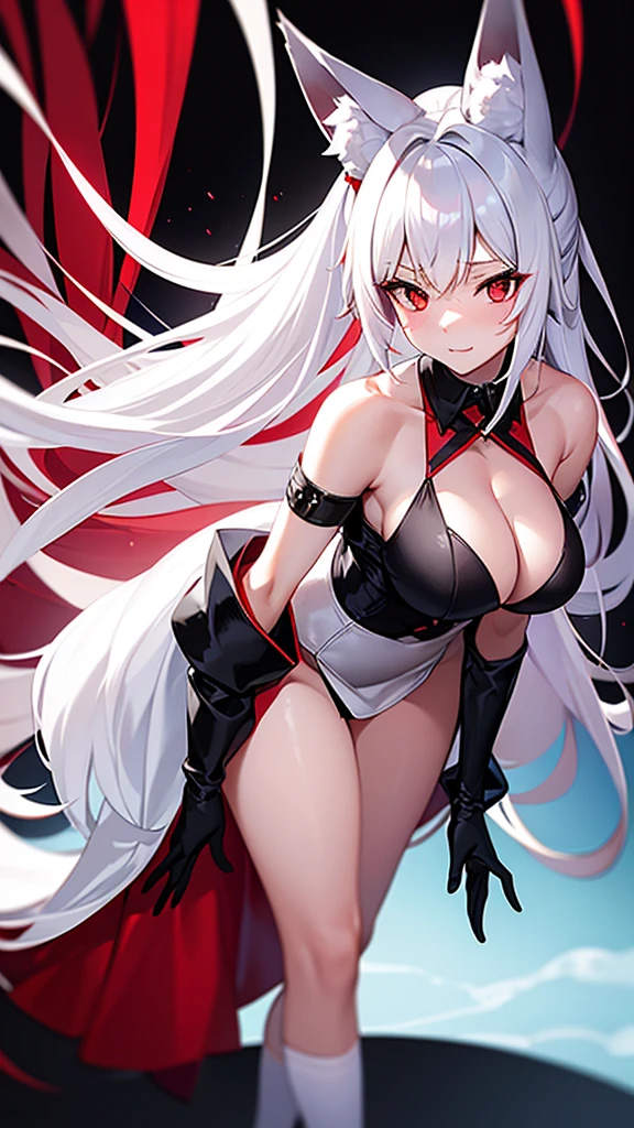 An adult woman half fox and wolf, wide breasts, red eyes, white hair, white fox ears backwards, very shy, and wears a black dress, red socks, and standing, and very sexy
