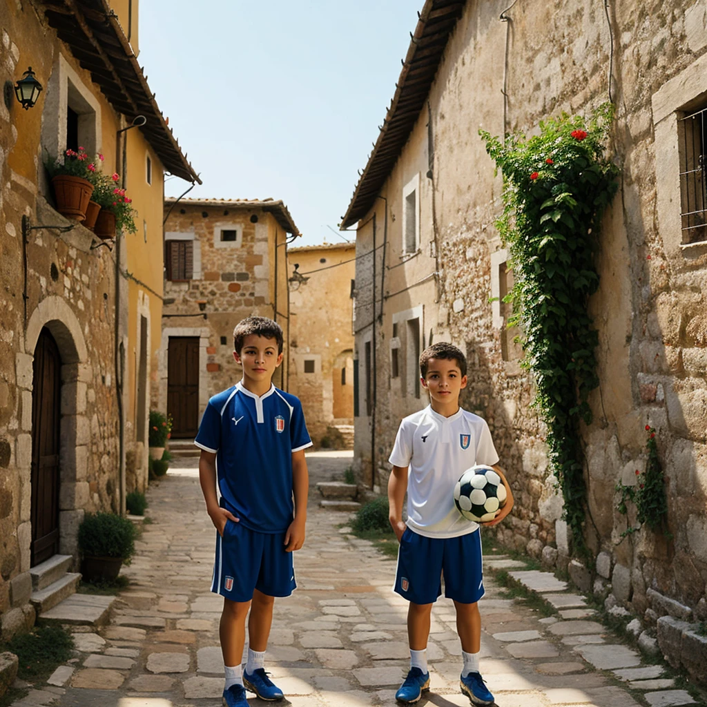 Boy holding soccer ball in an Italian village. ((best quality)), ((masterpiece)), (detailed)
