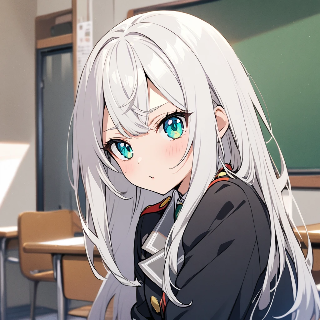 A girl with long white hair, with aqua eyes, with long eyelashes and uniform in a Boku no hero classroom,
