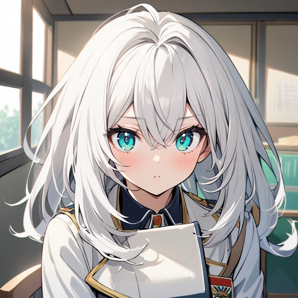 A girl with long white hair, with aqua eyes, with long eyelashes and uniform in a Boku no hero classroom,