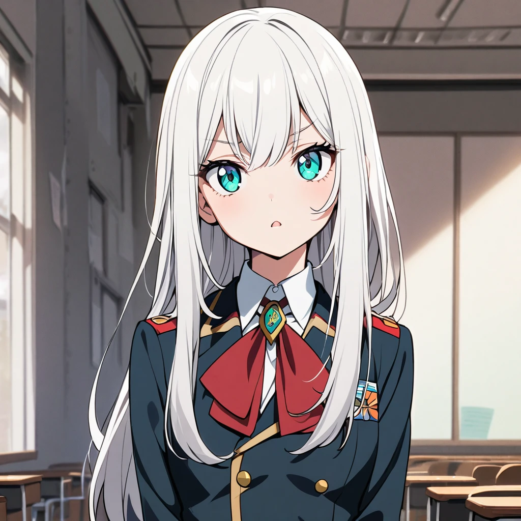 A girl with long white hair, with aqua eyes, with long eyelashes and uniform in a Boku no hero classroom, 