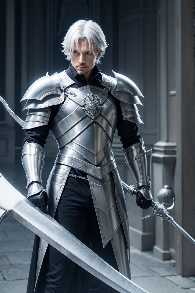 A gentleman in silver armor and a silver scythe