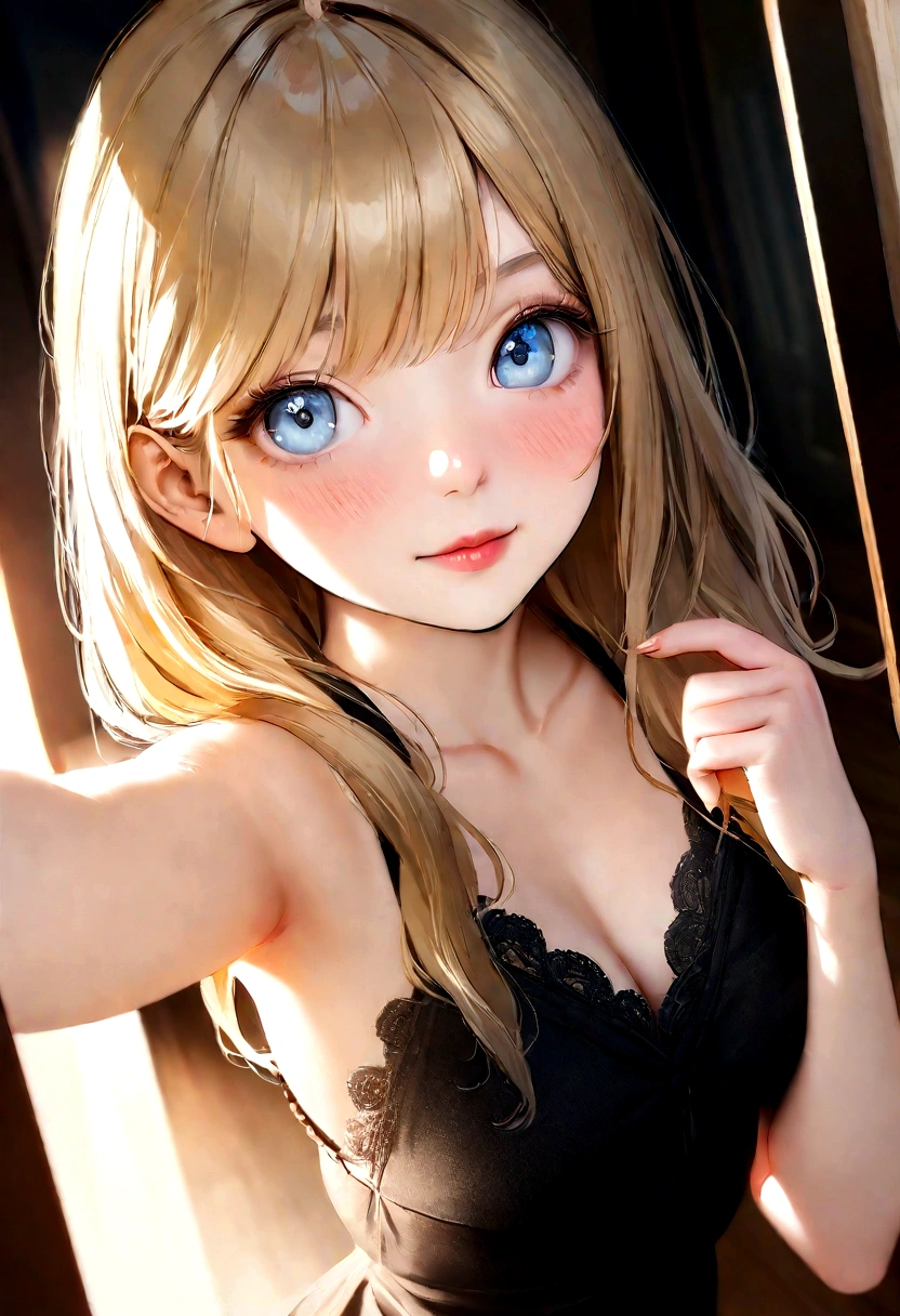 Selfie of a beautiful blonde girl with blue eyes bra