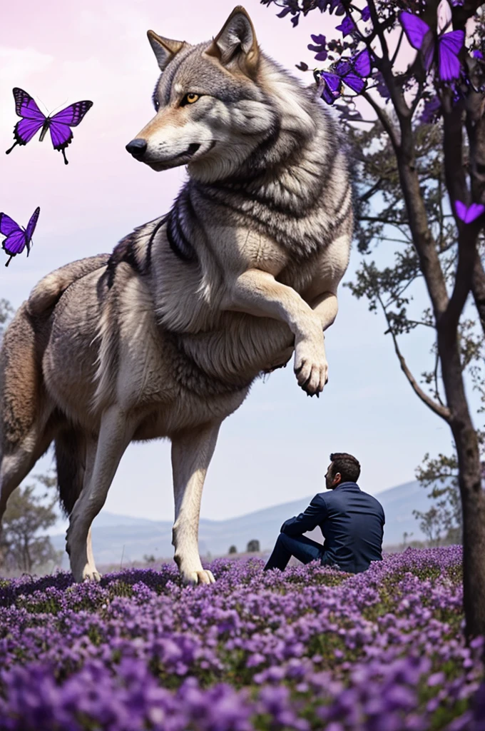 Man sitting while a wolf attacks from behind and there are purple butterflies flying