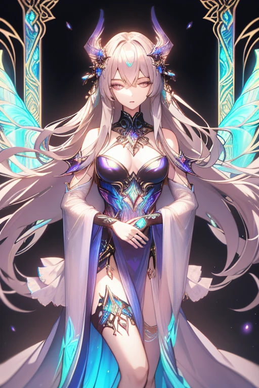 A shimmering cybernetic mauve-tinted nymph, her metallic wings catching the light in a mesmerizing display of iridescence. This striking concept art is a digitally rendered painting, showcasing intricate details and vibrant colors. The nymph's sleek, futuristic design is accented by translucent holographic patterns flowing across her body, giving her an ethereal and otherworldly appearance. The image radiates a sense of mystery and elegance, inviting viewers to imagine a world where technology and nature seamlessly intertwine.