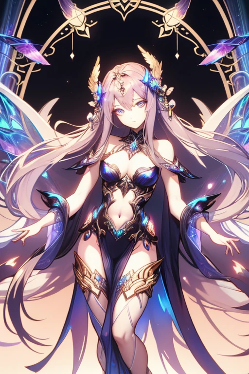 A shimmering cybernetic mauve-tinted nymph, her metallic wings catching the light in a mesmerizing display of iridescence. This striking concept art is a digitally rendered painting, showcasing intricate details and vibrant colors. The nymph's sleek, futuristic design is accented by translucent holographic patterns flowing across her body, giving her an ethereal and otherworldly appearance. The image radiates a sense of mystery and elegance, inviting viewers to imagine a world where technology and nature seamlessly intertwine.