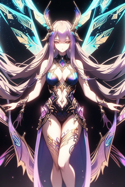 A shimmering cybernetic mauve-tinted nymph, her metallic wings catching the light in a mesmerizing display of iridescence. This striking concept art is a digitally rendered painting, showcasing intricate details and vibrant colors. The nymph's sleek, futuristic design is accented by translucent holographic patterns flowing across her body, giving her an ethereal and otherworldly appearance. The image radiates a sense of mystery and elegance, inviting viewers to imagine a world where technology and nature seamlessly intertwine.