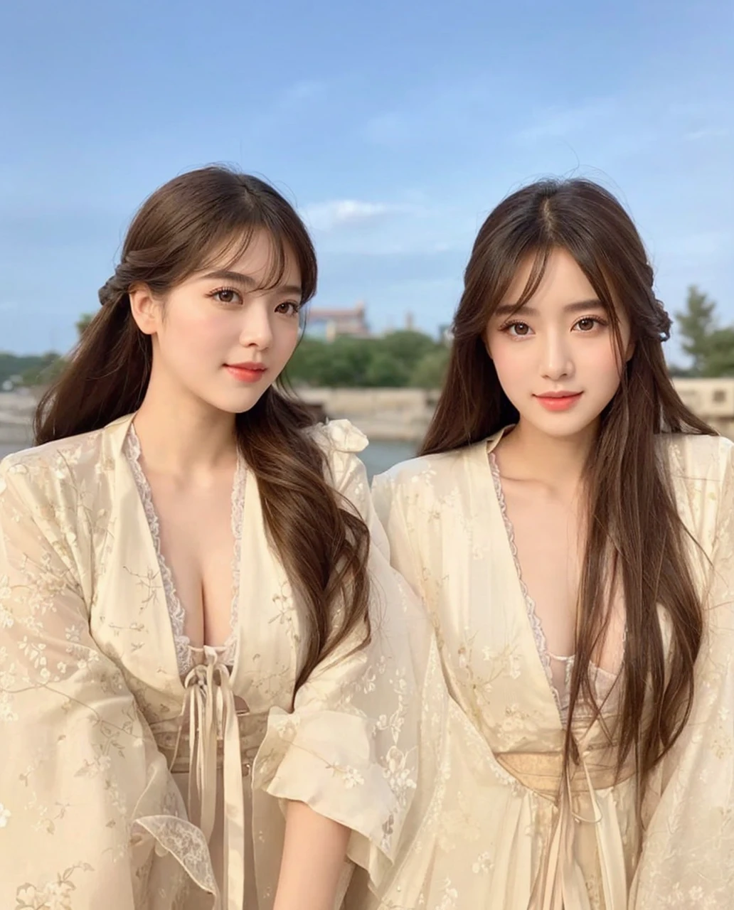 a beauty girl ,wear gorgeous hanfu, Chinese style buildings, landscape