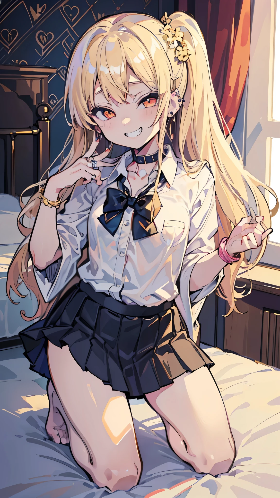 (masterpiece、Highest quality、Very detailed))、One girl、gyaru、Blonde、Long Hair、Wavy Hair、Golden Eyes、evil smile、((Grin))、((lots of piercings))、((Small breasts))、((White collared shirt))、A bow tie、((Black pleated skirt、((skirt lift))、((black panties))、Cowboy Shot、Bedroom Background