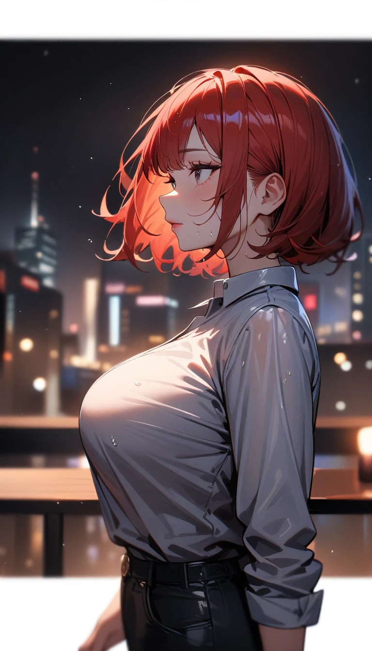 1girl,solo,super detailed skin,shiny skin,wet skin,expressionless ,eyelashes,lips gloss,red hair,bob hair,short hair , ,casual shirt and pant,shoes  ,nigh city ,from side,masterpiece,best quality,ultra detailed,high resolution,sharp focus,depth of field