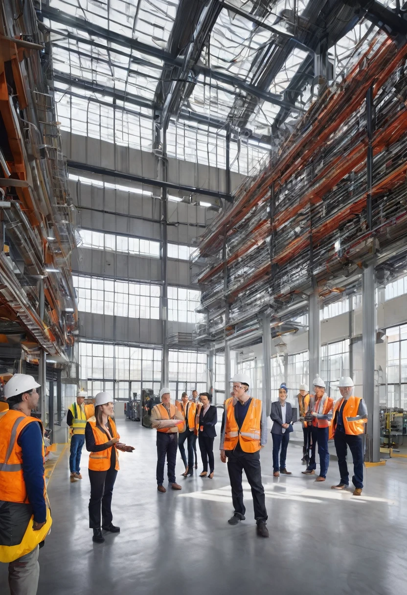A diverse group of professionals are gathered in a modern factory setting. They are talking, exchanging ideas, and collaborating on a project. People are standing, gesturing, and discussing. The hall is equipped with advanced technology, including machinery and equipment. In the center of the image, one person stands out, looking straight ahead, with a warm smile and an inviting gesture, as if inviting the audience to join the conversation or learn more about the project. The room is bright, with large windows that allow natural light to enter, creating an open and collaborative atmosphere.