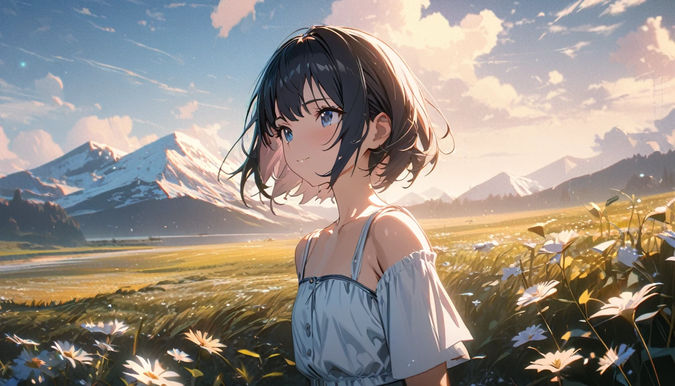 1girl, solo, gentle smile on her face flat chest, short hair, black hair, upper body, ((masterpiece, illustration, best quality)) ((best quality)), ((masterpiece)), background: Summer, meadows, a few small flowers, clear lakes, heaven, large clouds, blue sky, hot weather, HD detail, hyper-detail, cinematic, surrealism, soft light, deep field focus bokeh, distant vistas are snowy mountains, ray tracing, and surrealism. --v6