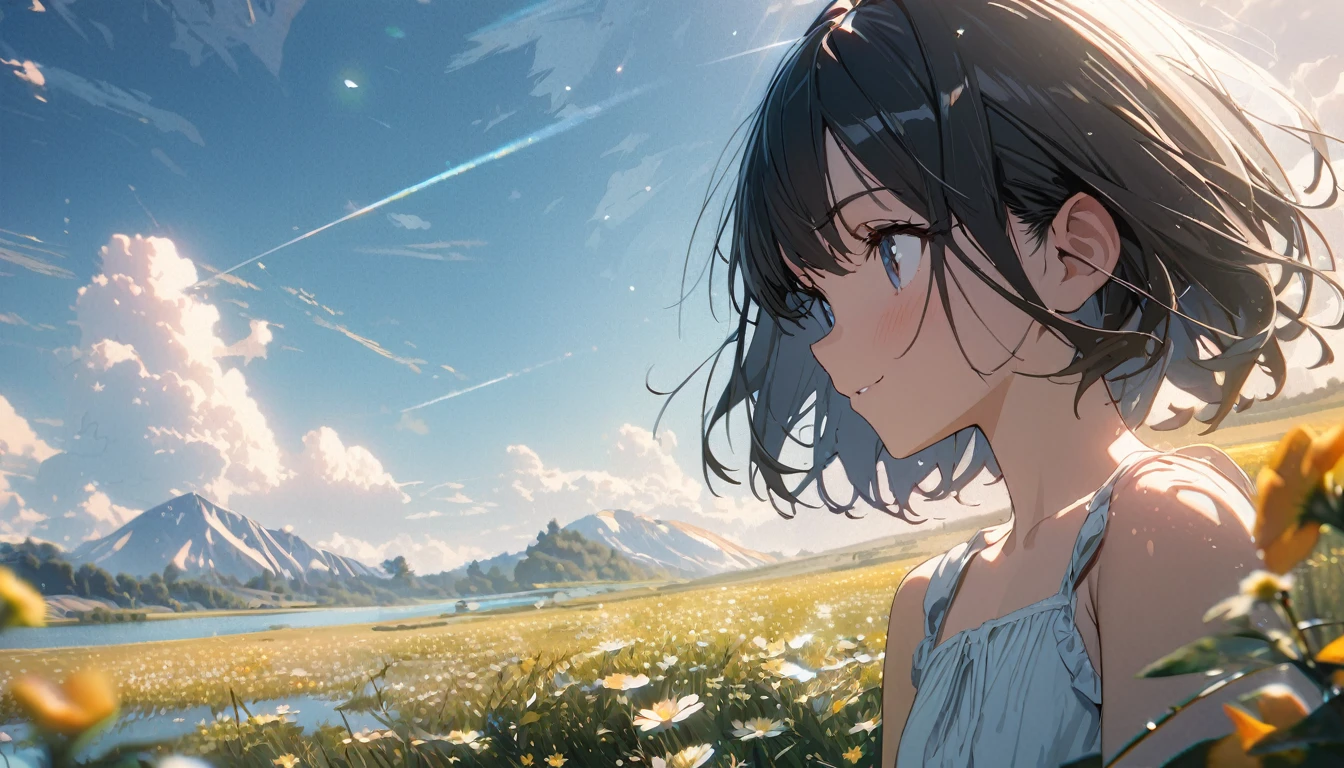 1girl, solo, gentle smile on her face flat chest, short hair, black hair, upper body, ((masterpiece, illustration, best quality)) ((best quality)), ((masterpiece)), background: Summer, meadows, a few small flowers, clear lakes, heaven, large clouds, blue sky, hot weather, HD detail, hyper-detail, cinematic, surrealism, soft light, deep field focus bokeh, distant vistas are snowy mountains, ray tracing, and surrealism. --v6