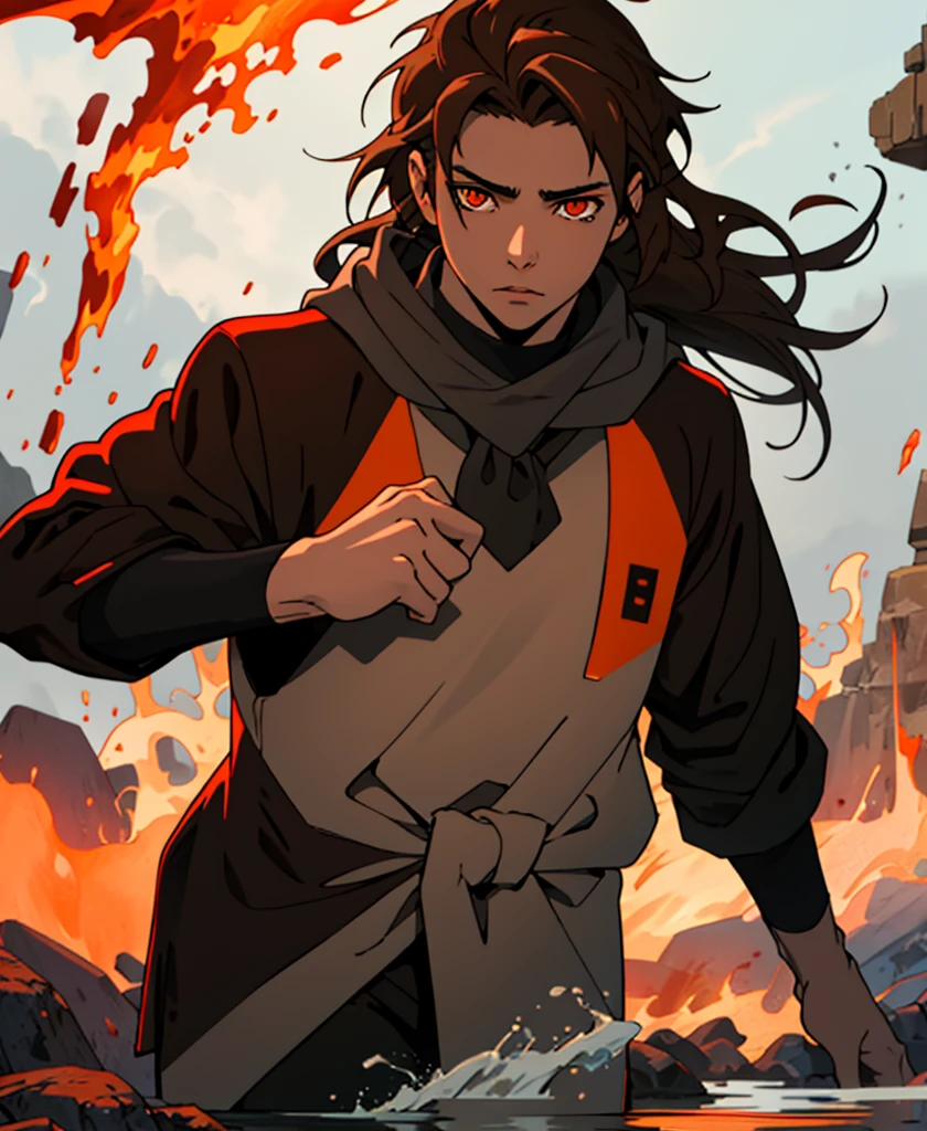 Masterpiece, Best quality, high quality, 1 man, 20 years old, One, athletic body, male focus, Looking at the viewer, upper body, long brown hair, tied hair, orange eyes, black closed coat with blood drops, fire and water mania around it