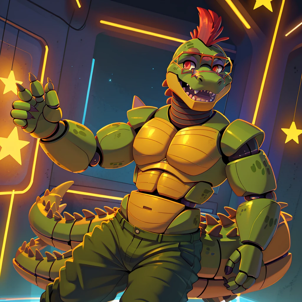 (masterpiece), ((perfect anatomy)), (high Res), (4k), alligator, buff, strong, red eyes, wide shoulders, (robot), (animatronic), happy, (no shirt)), ((green pants)), ((yellow star shaped glasses)), (cute artstyle), (((solo)))