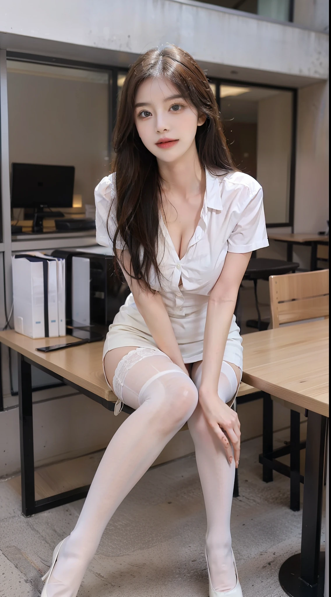 best qualtiy, Full body like,Refined face,A pair of smart eyes,pretty face,25 years old woman,slimfigure,Larger bust,office lady uniform,Office wear,white stockings,Outdoor scene,Sit Pose,yellow long hair