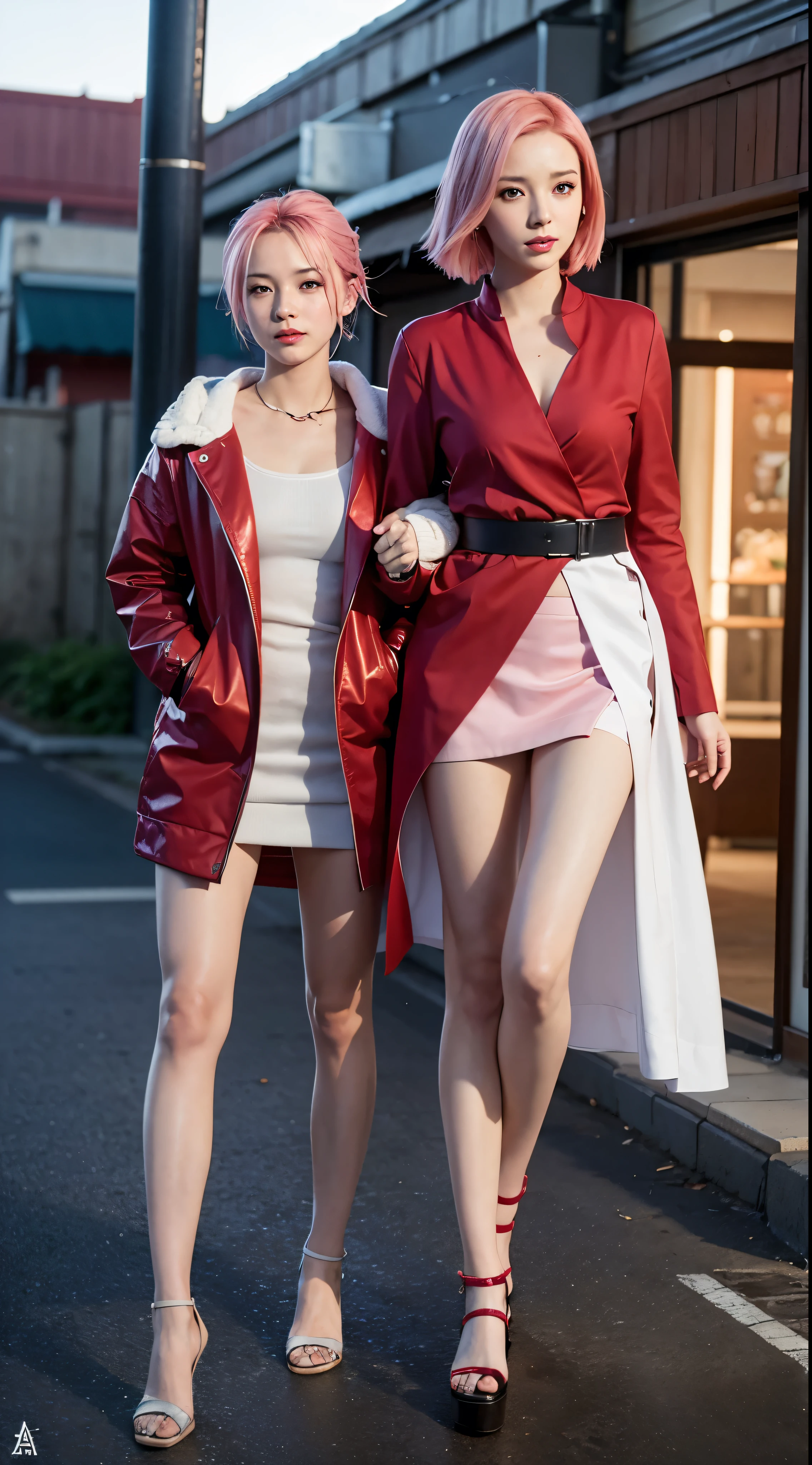 Sakura haruno, seductive, ((forehead to show)), attractive, sexy eyes, red coat, pink hair, delicate, young, short hair, detailed face, high definition, full body, from League of Legends, trend in artstation, by rhads, andreas rocha, rossdraws, makoto shinkai, laurie greasley, lois van baarle, ilya kuvshinov and greg rutkowski
