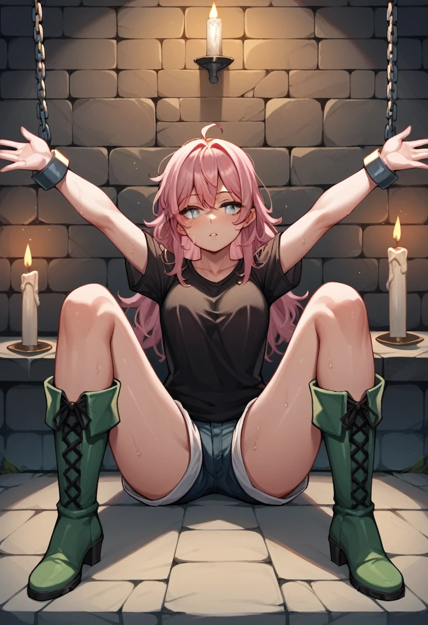 score_9, score_8_up, score_7_up, score_6_up, score_5_up, score_4_up, source_anime, 1girl,She's sitting, pink hair,loose hair, white eyes,sexy pose, w-w-chain, spread arms,clean hair, black shirt, sweaty shirt,shorts,thigh boots, green boots,evening,candles,dungeon, best quality, best res, 4K UHD,