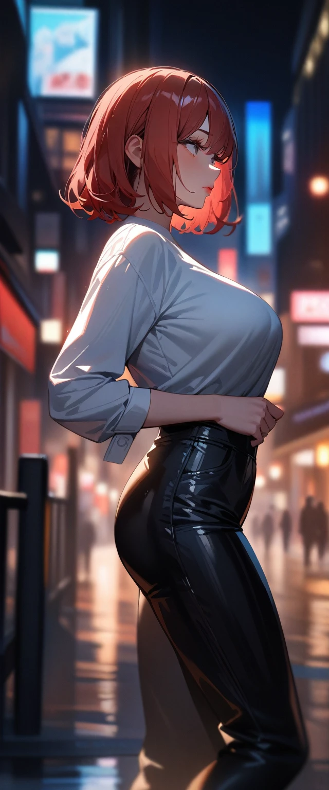 1girl,solo,super detailed skin,shiny skin,expressionless ,eyelashes,lips gloss,red hair,bob hair,short hair ,large breasts ,casual shirt and pant,shoes ,standing,nigh city ,from side,masterpiece,best quality,ultra detailed,high resolution,sharp focus,depth of field