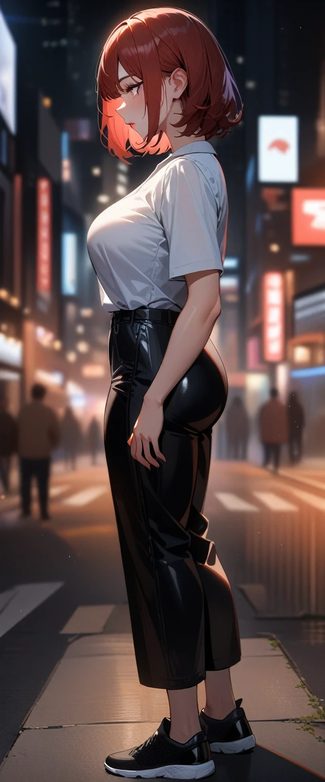 1girl,solo,super detailed skin,shiny skin,expressionless ,eyelashes,lips gloss,red hair,bob hair,short hair ,large breasts ,casual shirt and pant,shoes ,standing,nigh city ,from side,masterpiece,best quality,ultra detailed,high resolution,sharp focus,depth of field