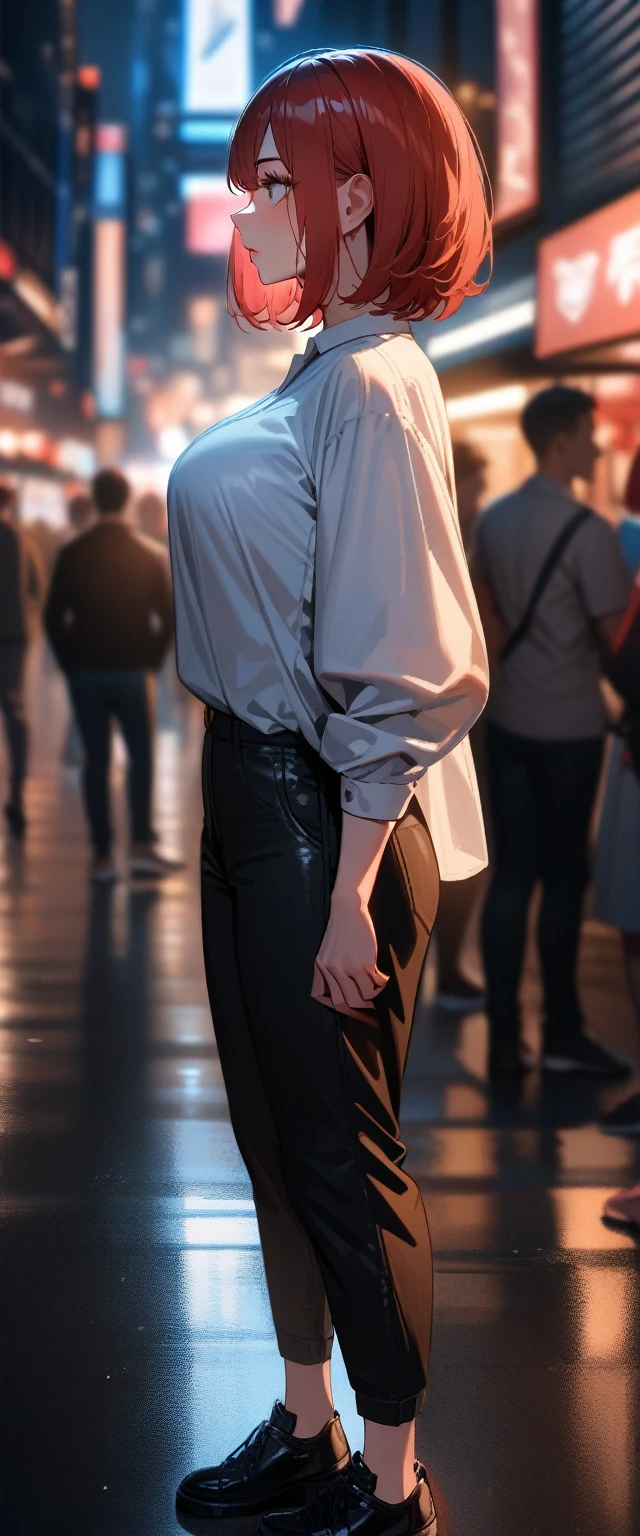 1girl,solo,super detailed skin,shiny skin,expressionless ,eyelashes,lips gloss,red hair,bob hair,short hair ,large breasts ,casual shirt and pant,shoes ,standing,nigh city ,from side,masterpiece,best quality,ultra detailed,high resolution,sharp focus,depth of field