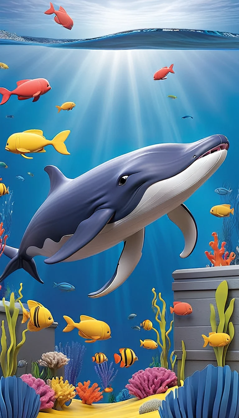 Create a 3-D style art scene for kids featuring a blue whale swimming beside three school buses for size comparison. The scene should be colorful and vibrant, with an ocean background, coral reefs, and schools of fish. The overall mood should be engaging and inviting for young children