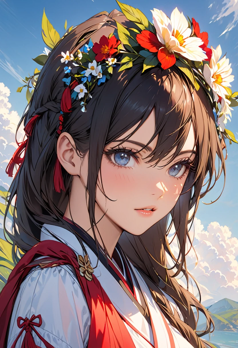 head of'artwork , best quality,nahida(impact genshin), 1 fille , chemise blanche:1.6 ,Insult on Mao's side ,white dreadlocks hair ,Colored hair, yeux verts,vêtement de tous les jours , avoir , Col noir, bag , green hair,Circulation dense , Urban life