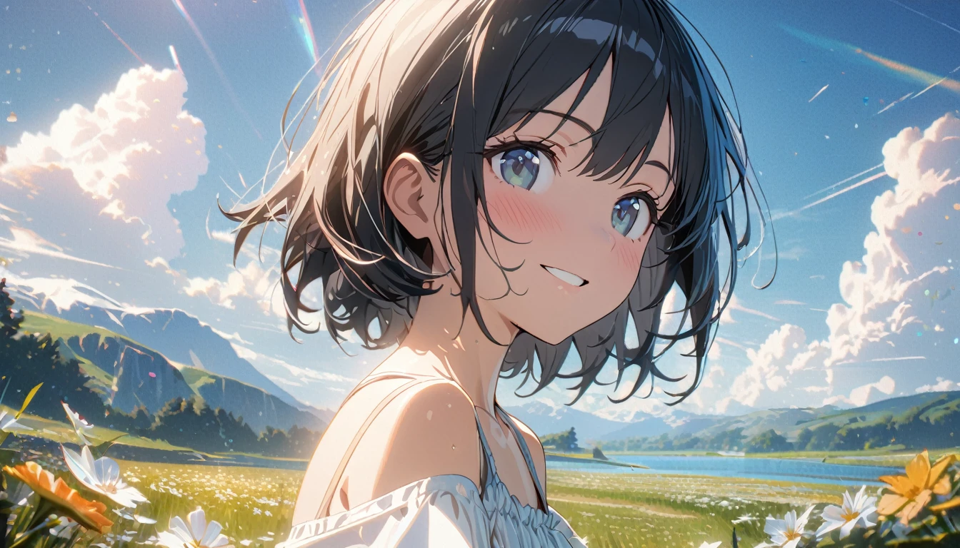 1girl, solo, gentle smile on her face flat chest, short hair, black hair, upper body, ((masterpiece, illustration, best quality)) ((best quality)), ((masterpiece)), background: Summer, meadows, a few small flowers, clear lakes, heaven, large clouds, blue sky, hot weather, HD detail, hyper-detail, cinematic, surrealism, soft light, deep field focus bokeh, distant vistas are snowy mountains, ray tracing, and surrealism. --v6
