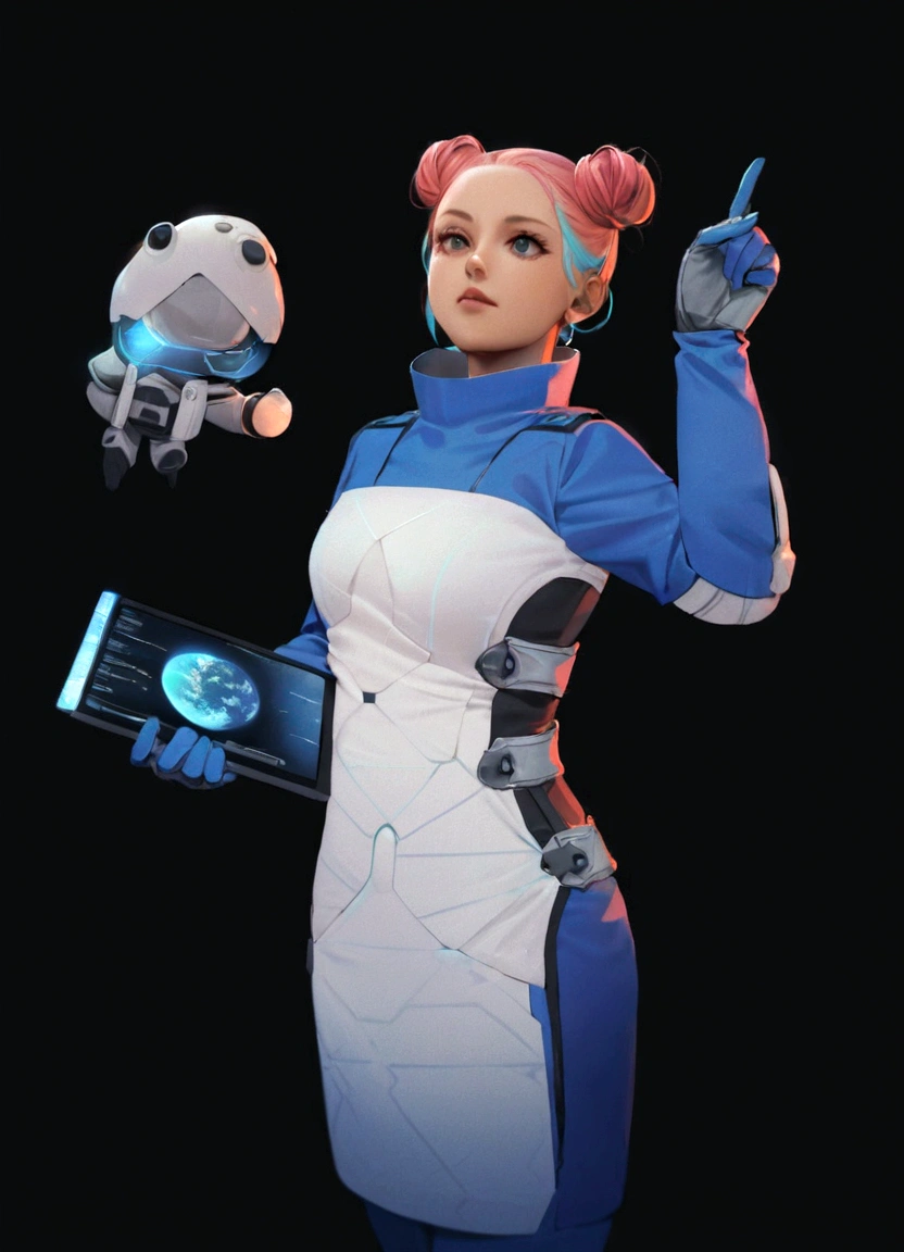 A female character with pink hair styled into buns, wearing a blue and white futuristic outfit that includes a vest, gloves, and boots, stands against a black background. She is holding a small robot in her left hand and a tablet in her right hand, which displays a holographic image of a planet. Her pose is confident with one hand pointing upwards.