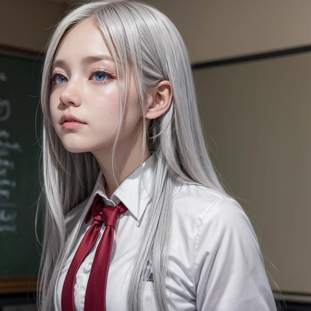 A girl with long white hair, with aqua eyes, with long eyelashes and white shirt uniform, red tie and gray jacket, in a Boku no hero classroom,