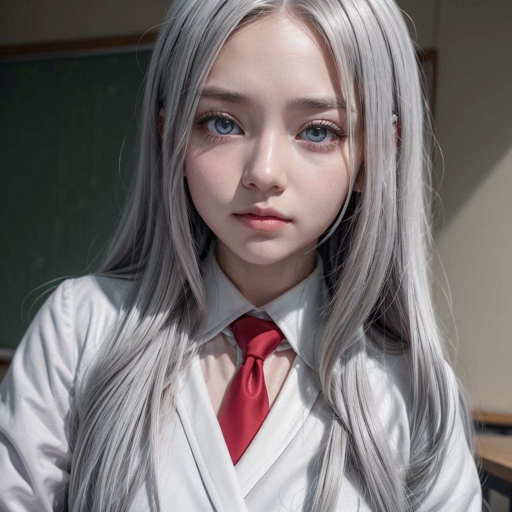 A girl with long white hair, with aqua eyes, with long eyelashes and white shirt uniform, red tie and gray jacket, in a Boku no hero classroom,