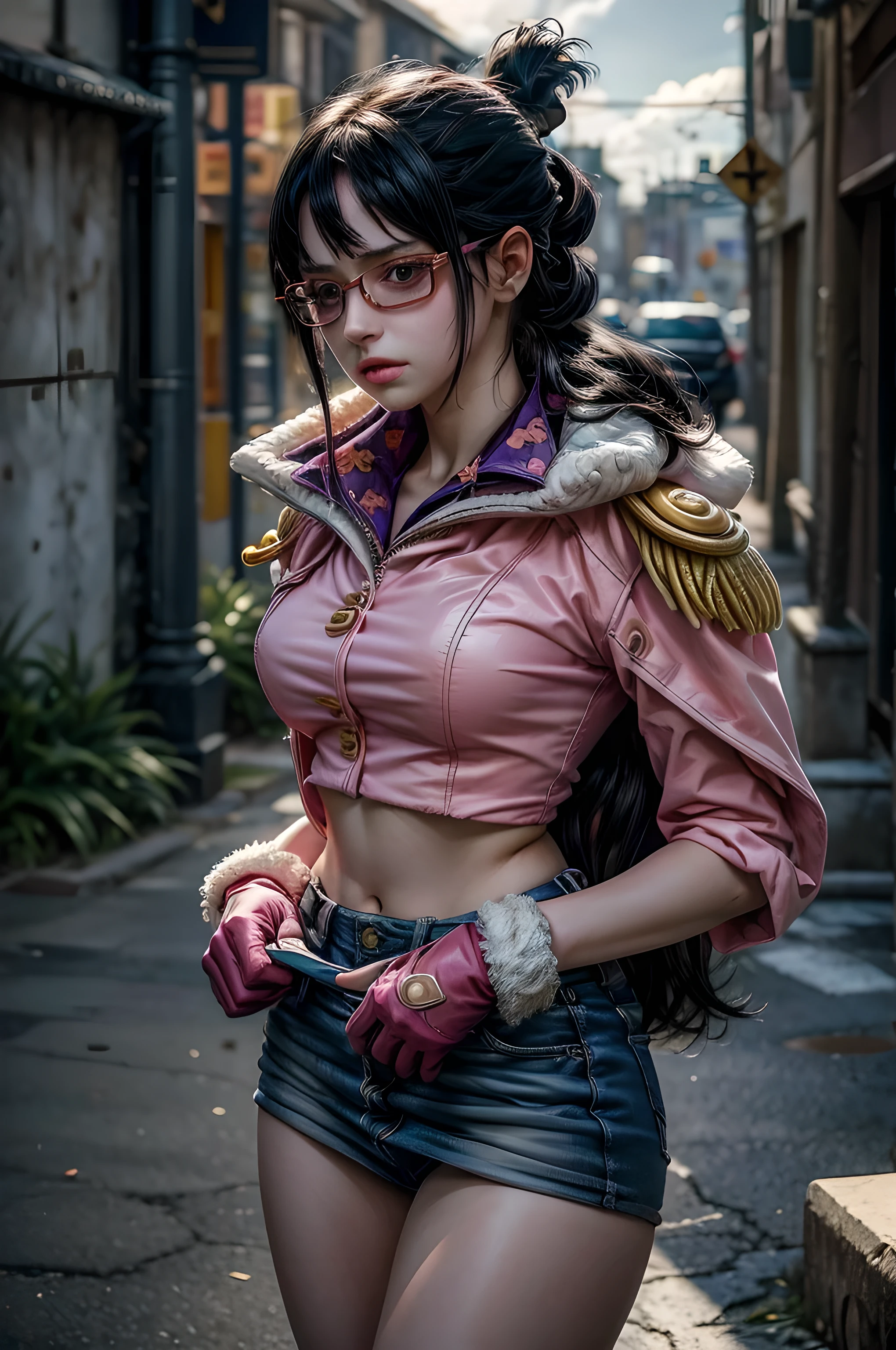 1 girl, Tashigi, age 15, pale skin, perfect eyes, black eyes, glasses, black hair, folded ponytail, pink coat, epaulettes, pink gloves, thin waist, skirtlift, ((RAW photo, masterpiece, high details, highres, absurdres, 8k, best quality, UHD, realistic)), sunlight, shadow details, cloudy day, fortress, full body