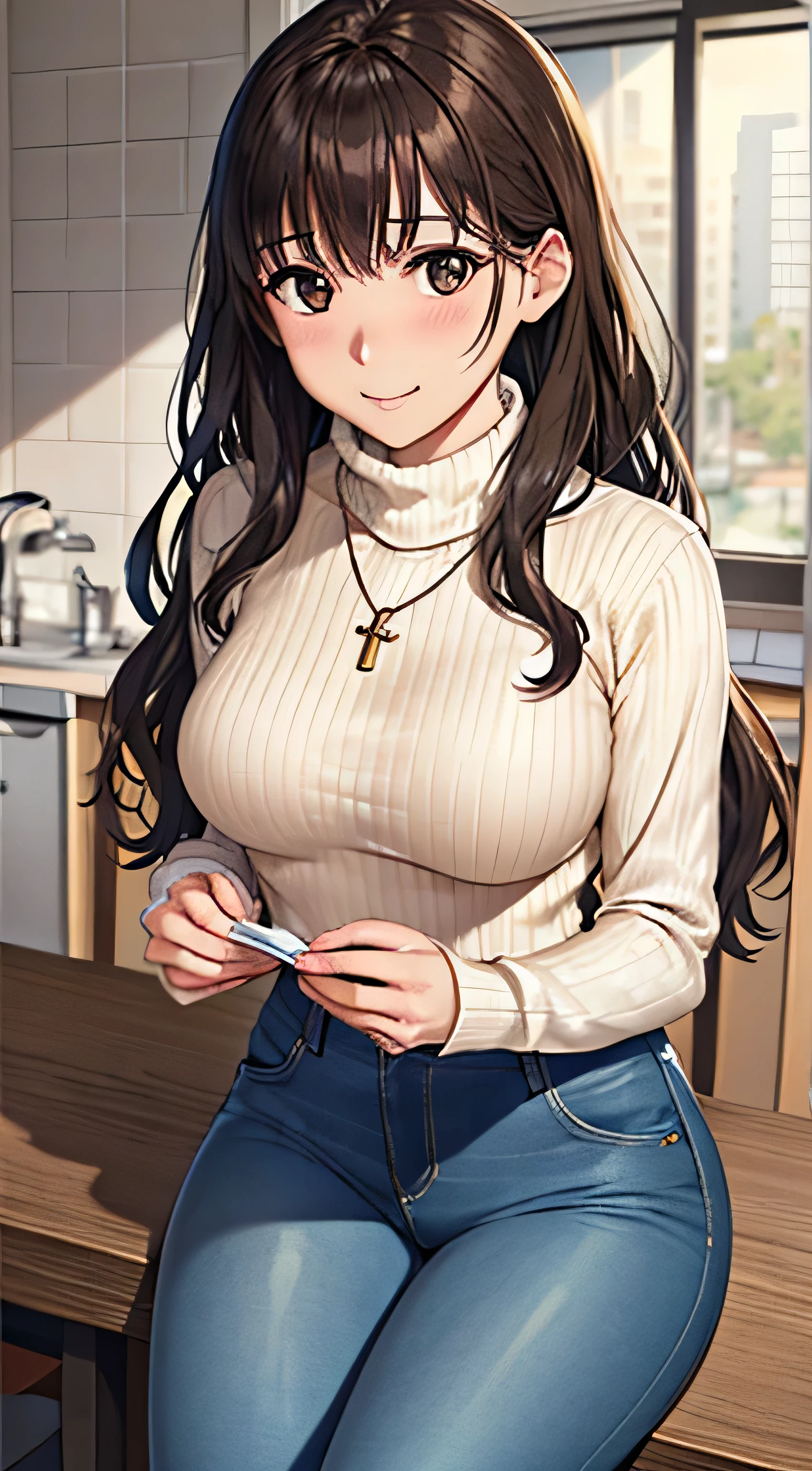 ((Tabletop, Highest quality, High resolution, , Pixel Perfect, 4K,))), 1 female, 、The whole body is visible、 ((Long Wavy Hair, bangs, Brown Hair)), ((Brown eyes, Beautiful eyelashes, Realistic eyes)), ((Detailed face, Blushing:1.2)), ((Smooth texture:0.75, Realistic texture:0.65, Realistic:1.1, Anime CG Style)), Medium sized breasts, Dynamic Angle, Perfect body, (( , , Off-the-shoulder sweater、No bra、、 、Take off your pants below your knees、、、)), Gold Hair Ornament、Cross Necklace、、Very embarrassing panic smile, 、Tight jeans pants、、、、Leaning forward、Nipples are slightly visible、、On the bed、On all fours、、、Stick your butt out、Luxury apartment bedroom、、、、、、 、)、